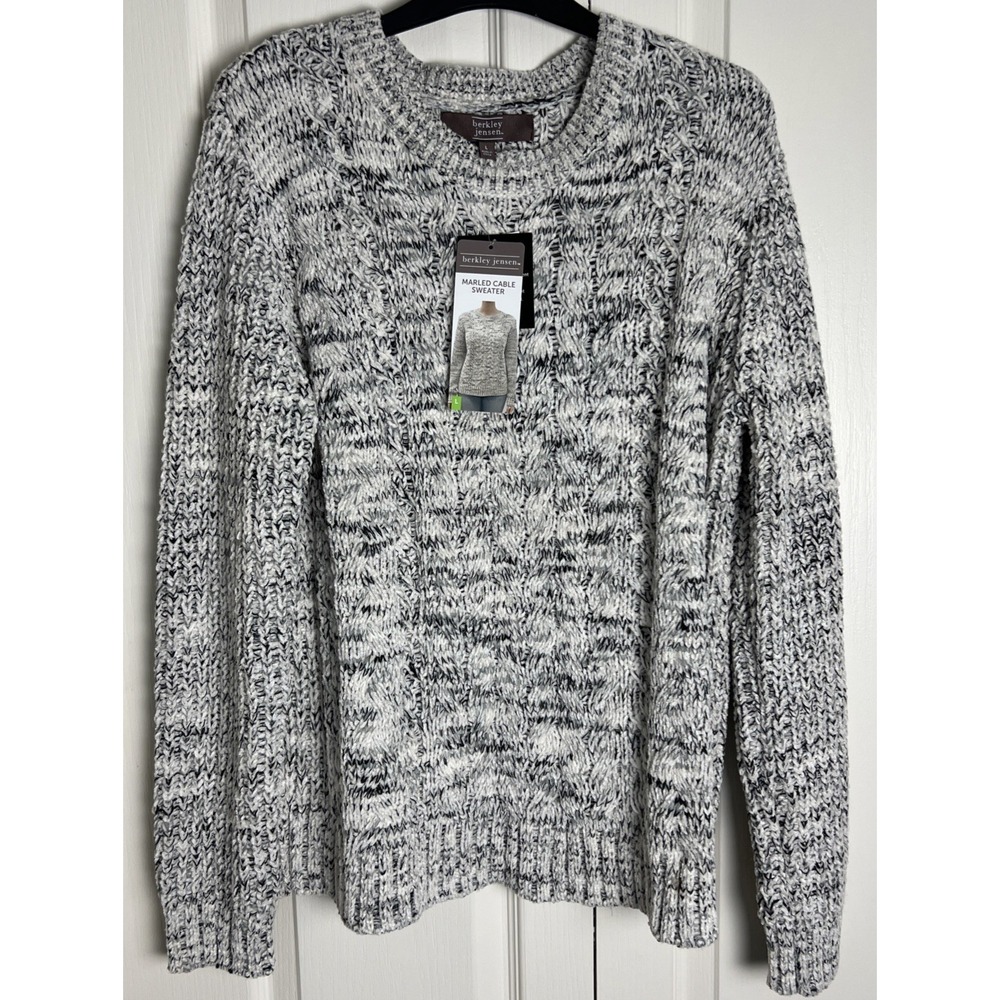 Berkley‎ Jensen Marled Cable Sweater Women Large Black Ivory Knit Pullover A06